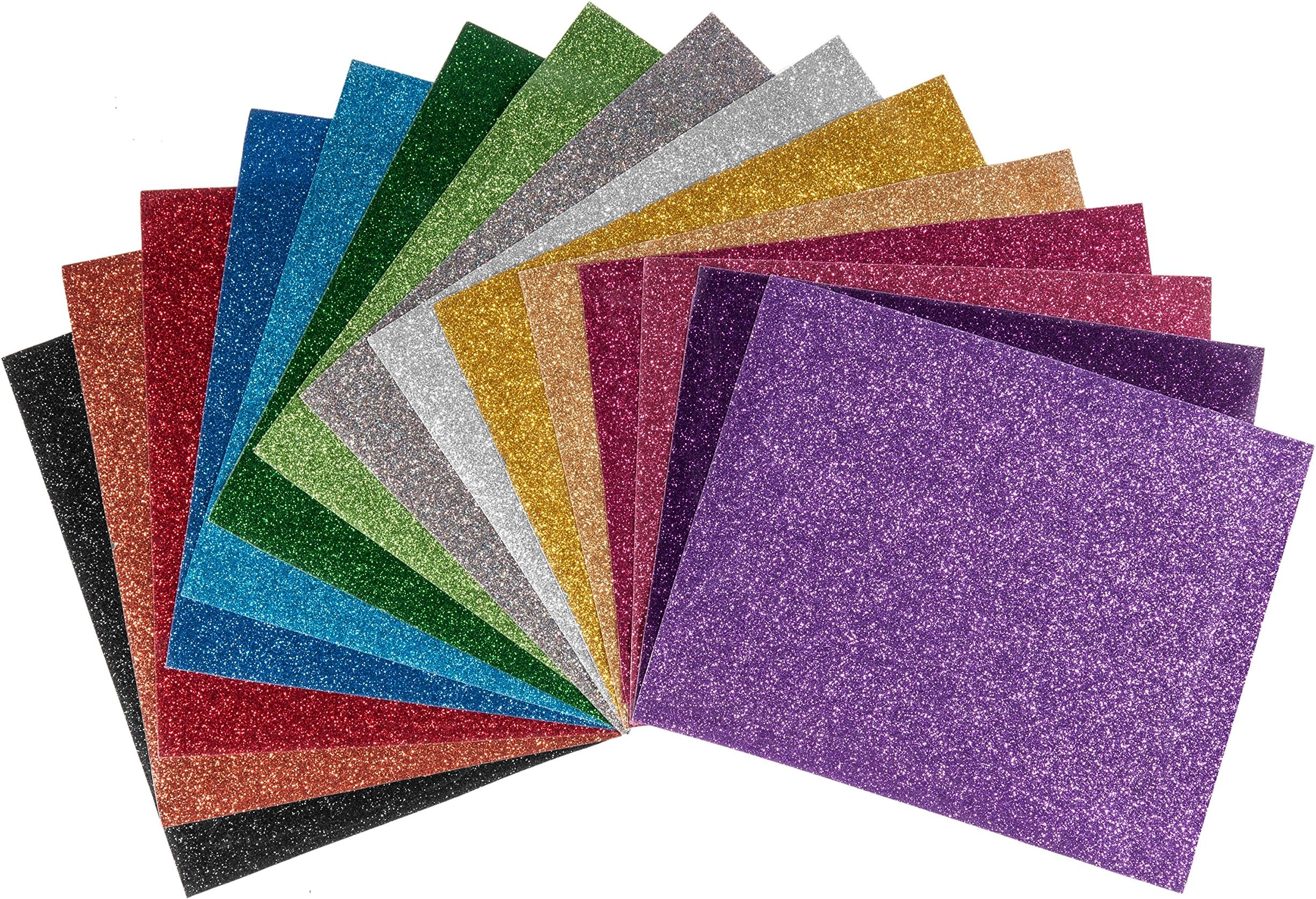 Glitter Heat Transfer Vinyl (HTV) Sheets - 15 Color Bundle Pack, multi-colors, Vinyl Heat Transfer, HTV Bundle for T-shirts & Iron On, Silhouette Cameo, Heat Press & Cricut Machines