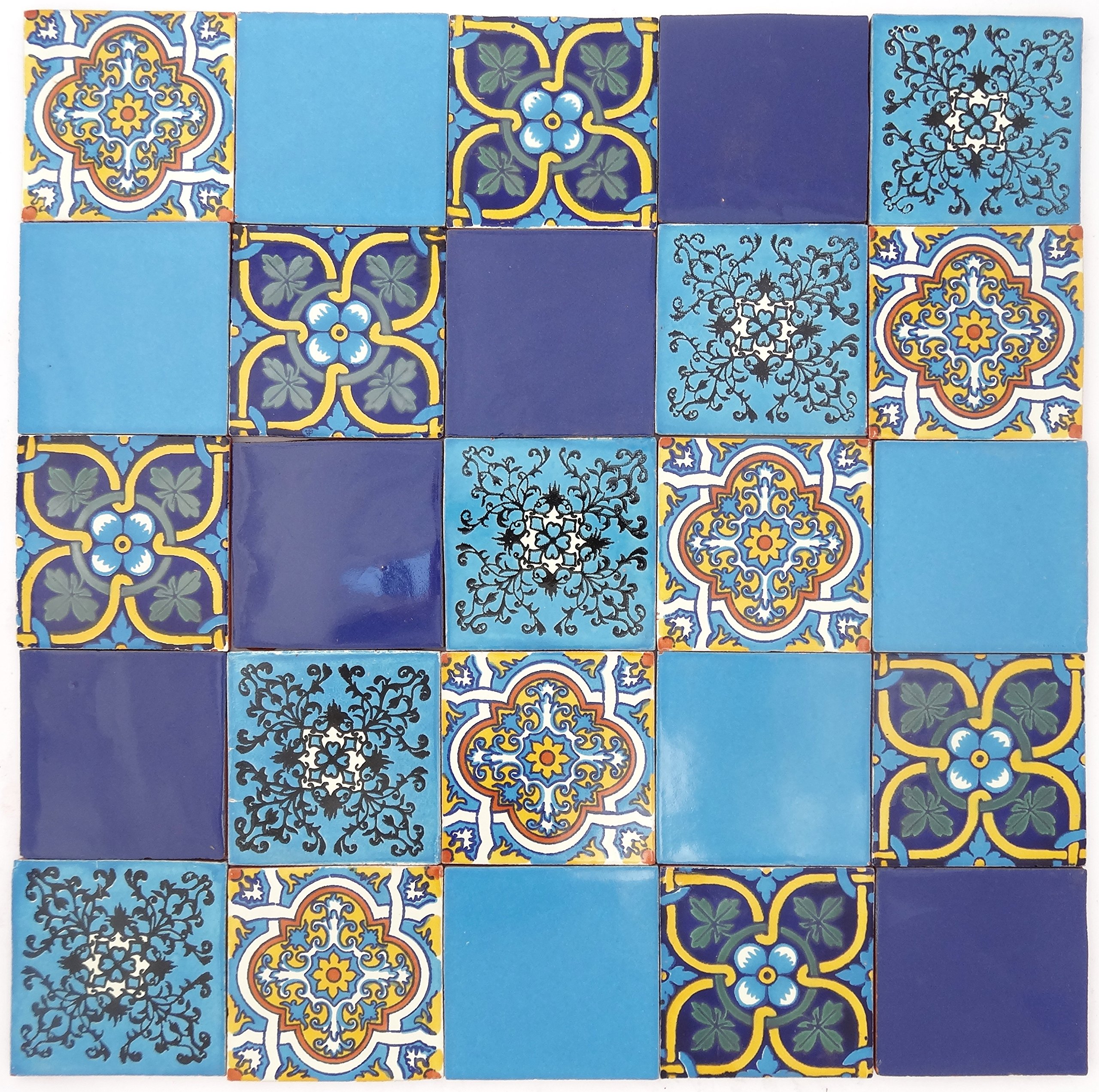 Tumia LAC Handmade Mexican Talavera Tile - Authentic Style Azul Brillante Ceramic Tiles for Crafts, Backsplashes and Home Improvement - 25 Pack