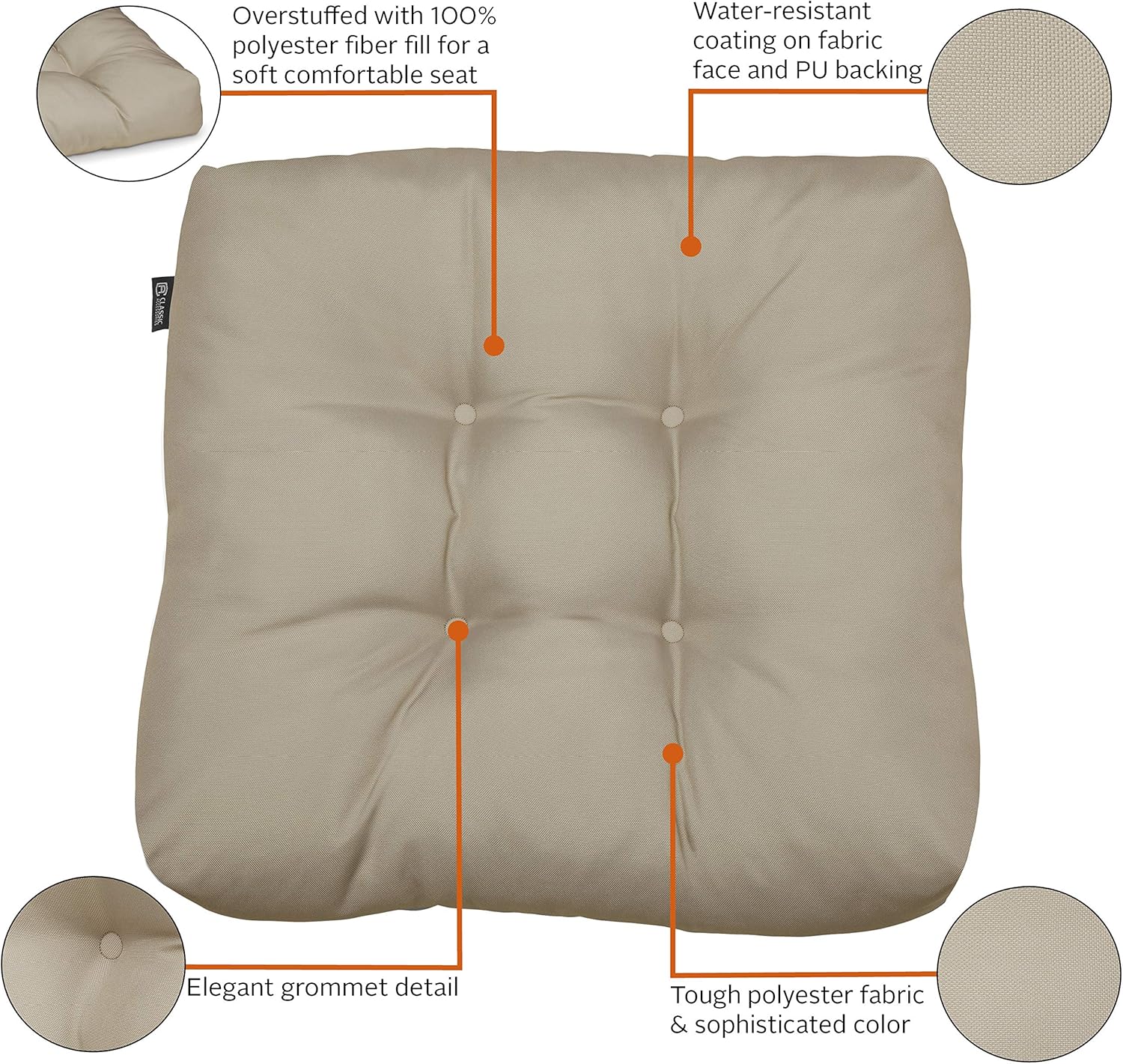 Classic Accessories Water-Resistant 19 x 19 x 5 Inch Square Patio Seat Cushion, Khaki, 2-Pack : Garden & Outdoor