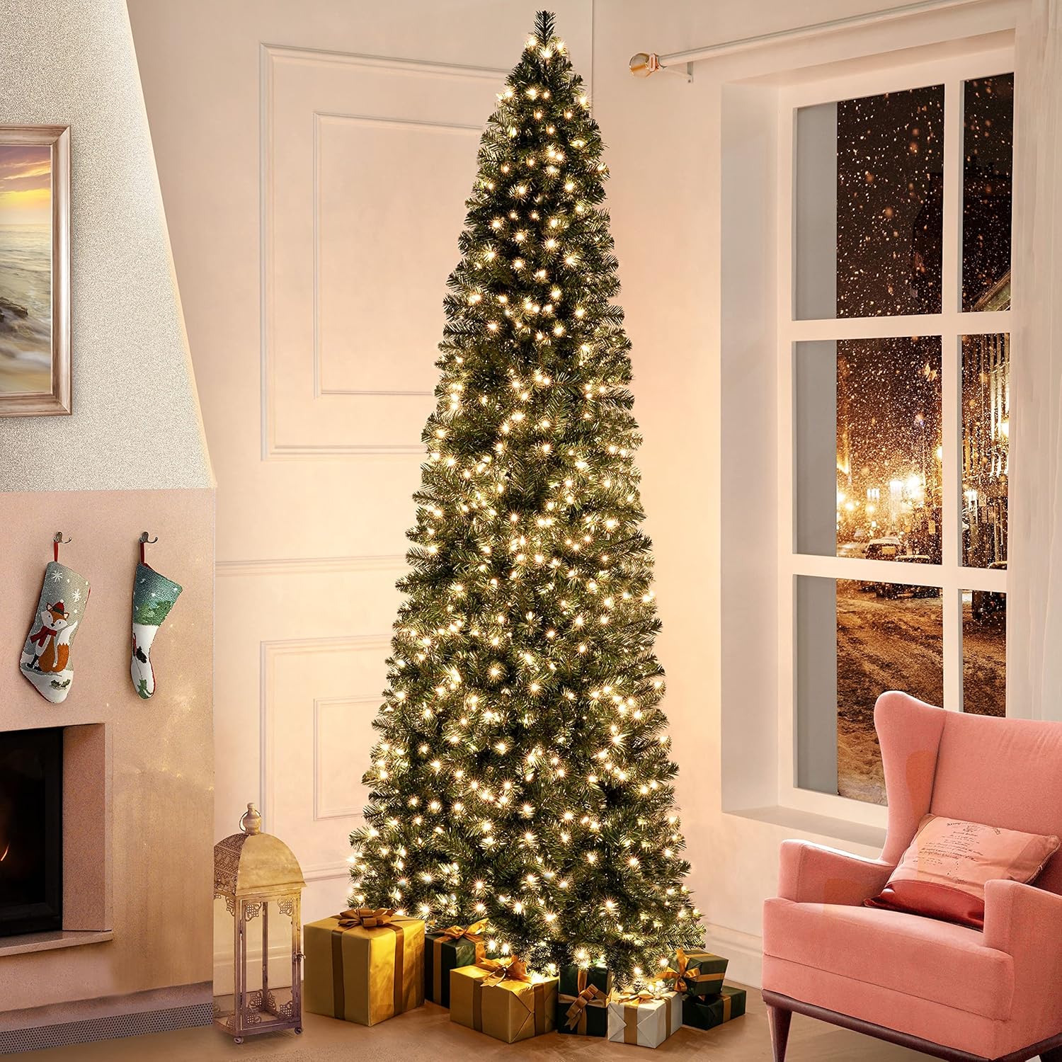 Trees - Vienna 7.5ft Prelit Slim Artificial Christmas Tree with 1102 Branch Tips, 350 Warm Lights and Metal Stand, 34