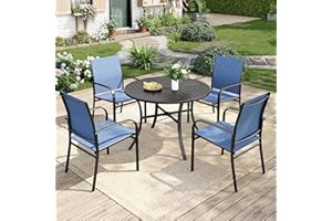 MIXPATIO Patio Table and Chairs Set for 4, 5 Pieces Outdoor Dining Set, 4 Blue Textilene Chairs and 42" Metal Round Table with Umbrella Hole, for Deck Garden Backyard Lawn Poolside