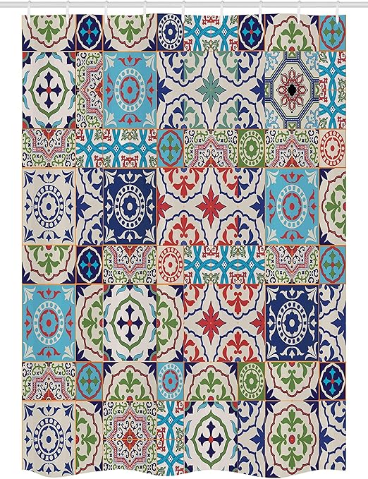 Amazon Co Jp Assanu モロッコのストールシャワーカーテン カラフルなモロッコのタイルの伝統的なイラストのパッチワークパターン フック付きのファブリックバスルームの装飾セット 72x72インチ ネイビーブルーダークオレンジ ホーム キッチン
