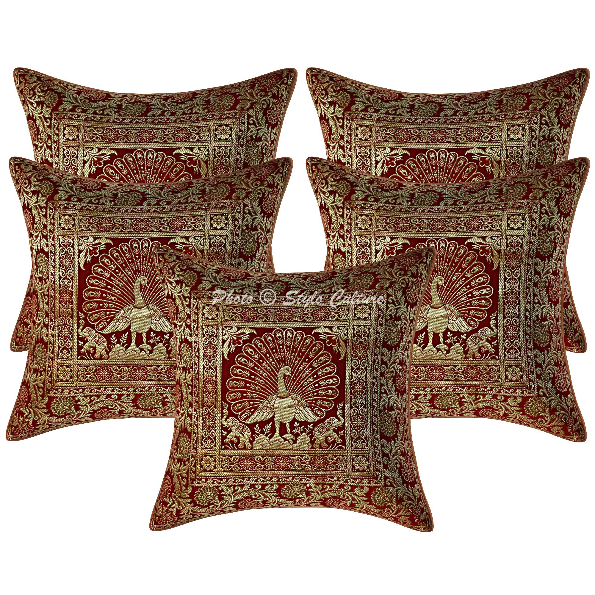 Stylo Culture Indian Brocade Decorative Cushion Covers 40 x 40cm Burgundy Maroon Gold Dancing Peacock 16 x 16 Inch Jacquard Square Living Room Floral Throw Pillow Cases - (Set Of 5 Pcs)