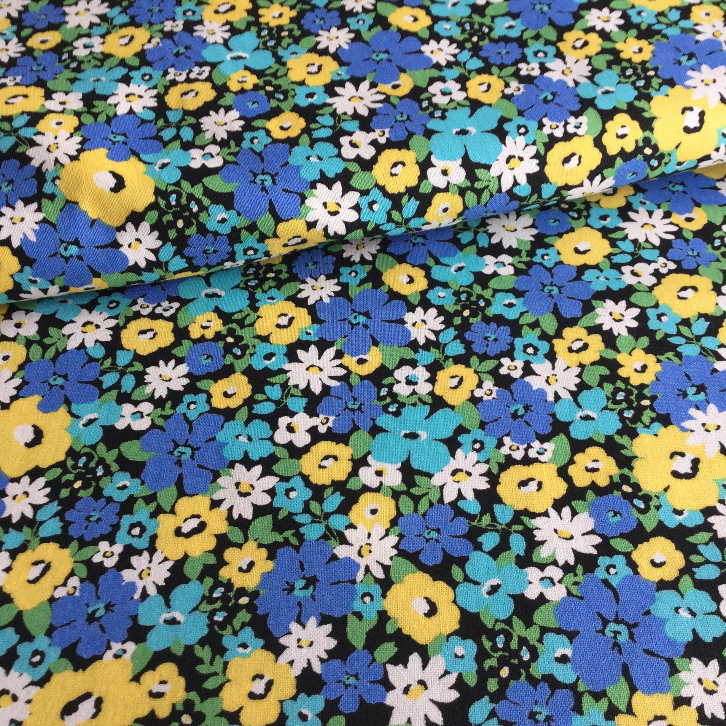 Floral Fabric SEV021 - Ditsy Floral"Liberty Style" Fabric - 100% Cotton - 0.5 Metre - Blue Yellow White Ditsy Floral Flowers - 100% Cotton