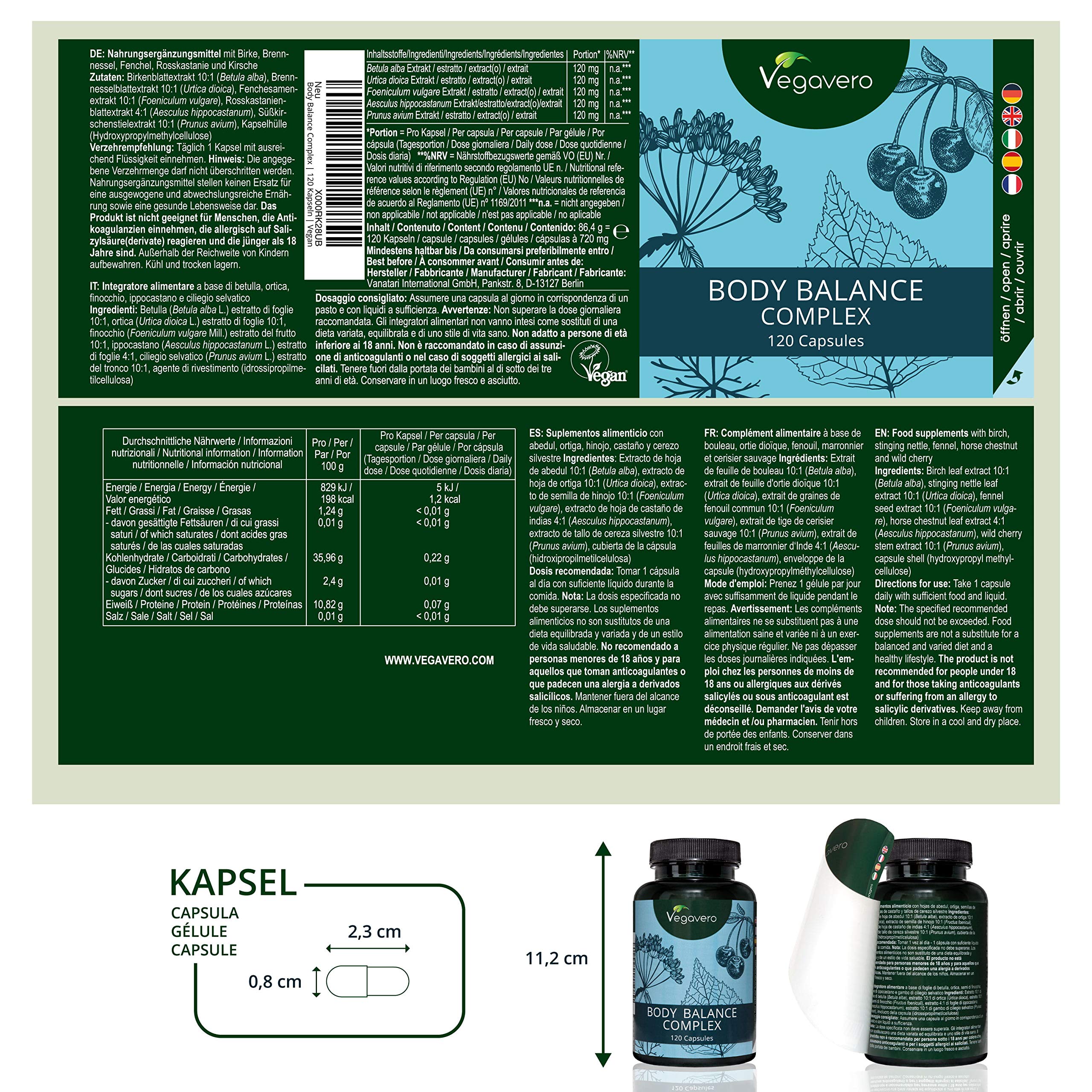 NEW: Body Balance Complex | Natural Diuretic, Digestive, Detox & Cleanse Blend | Prevent Water Retention & Eliminate Toxins | Birch Leaves, Nettle, Fennel Seeds, Chestnut Leaves & Wild Cherry Stems | 120 Capsules | VEGAN by Vegavero