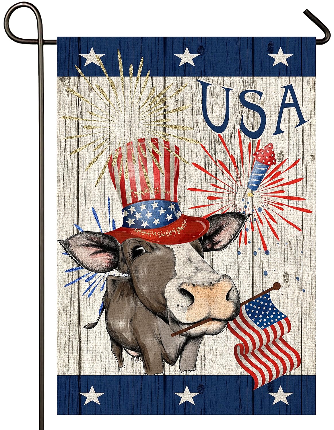 Atenia Burlap Garden Flag, Double Sided American Cow Patriotic Garden Outdoor Yard Flags for 4th of July Decorations