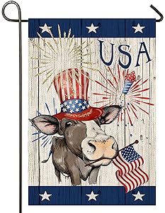 Atenia Burlap Garden Flag, Double Sided American Cow Patriotic Garden Outdoor Yard Flags for 4th of July Decorations