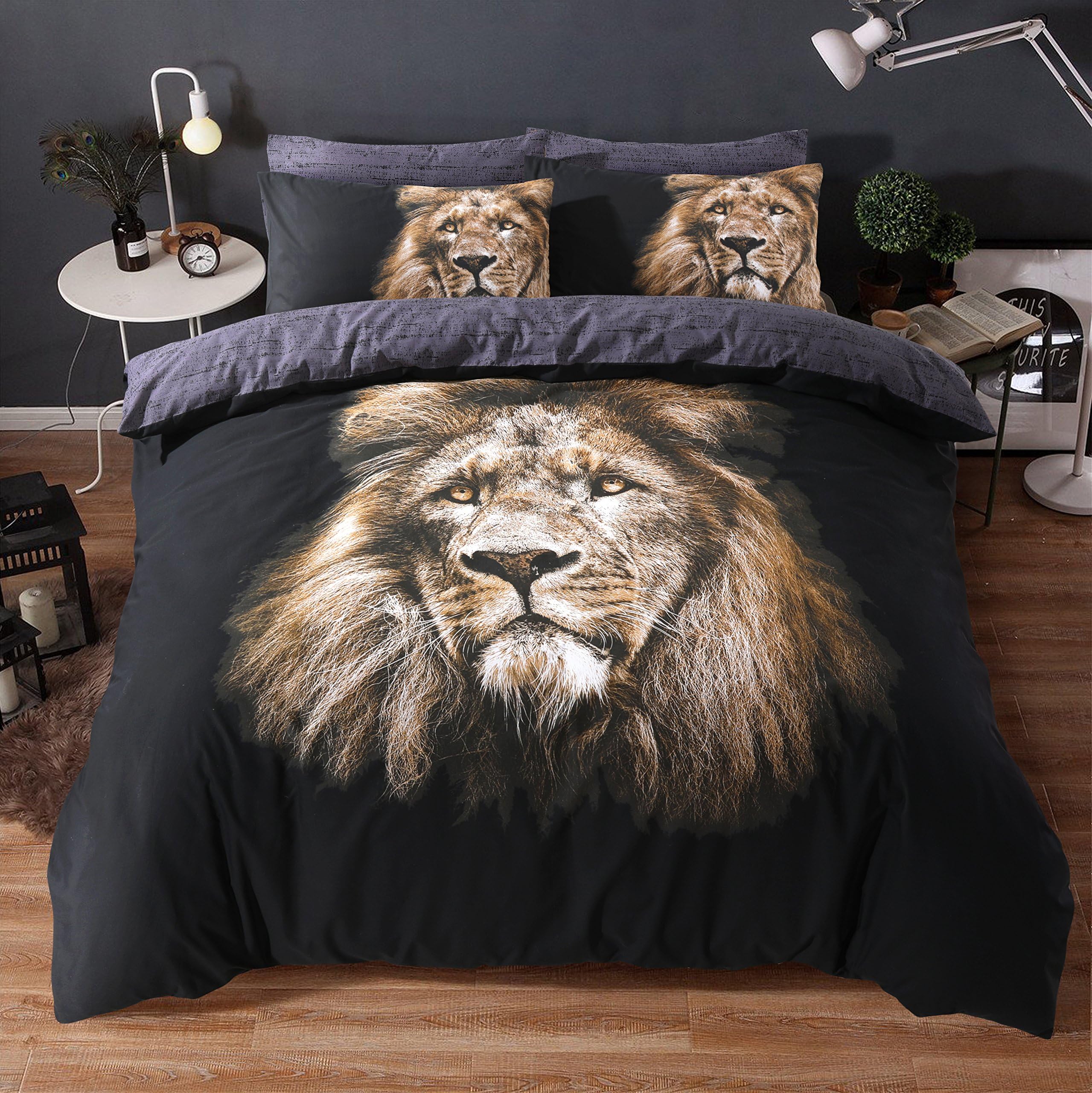 Duvet cover set animal print effect quilt bedding set poly cotton new (Lion print, king)