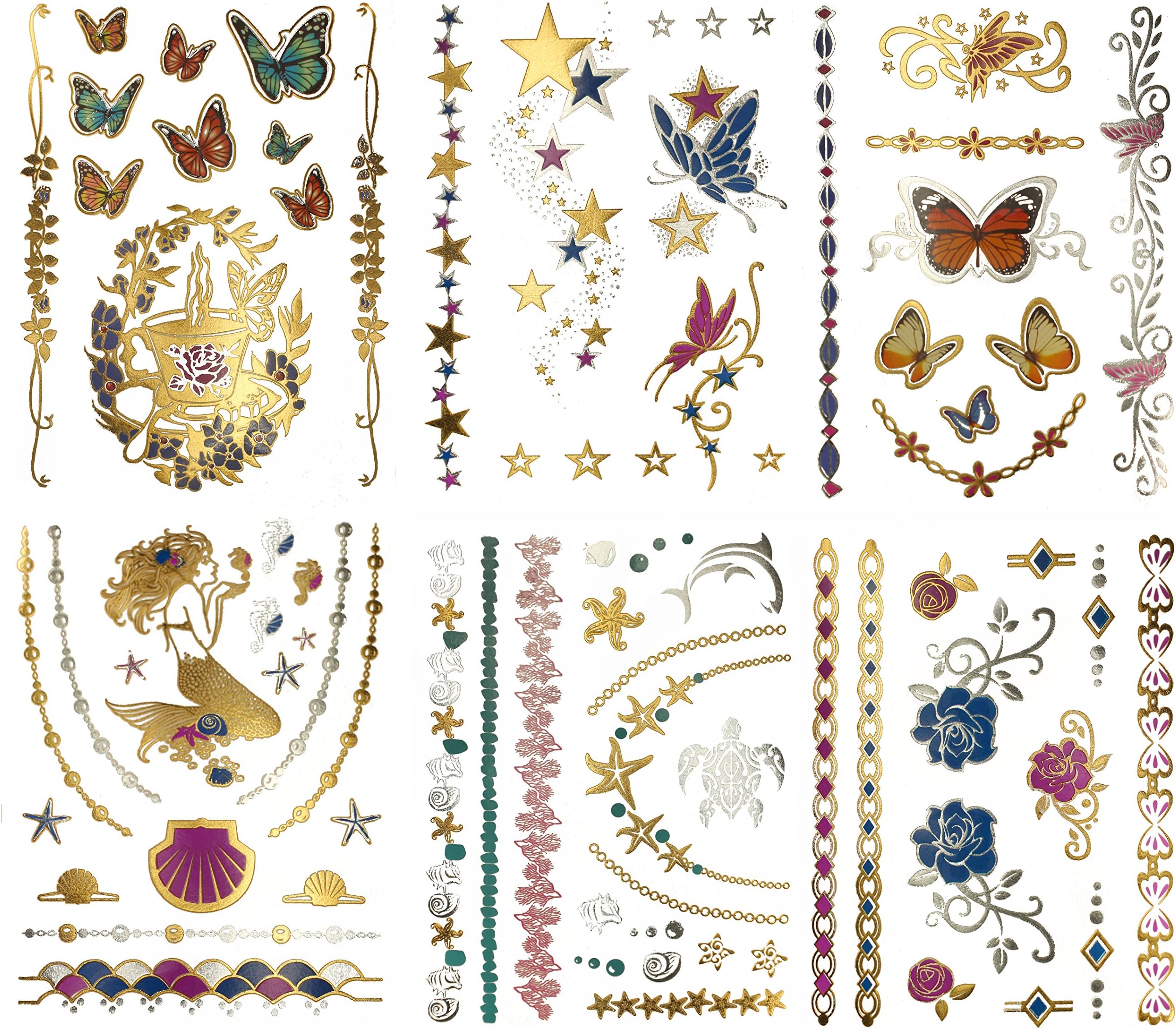 Metallic Mermaid Butterfly Temporary Tattoos - Over 75 Designs, Colourful Gold Silver Fairies Flowers (6 Sheets) Terra Tattoos Bella Collection