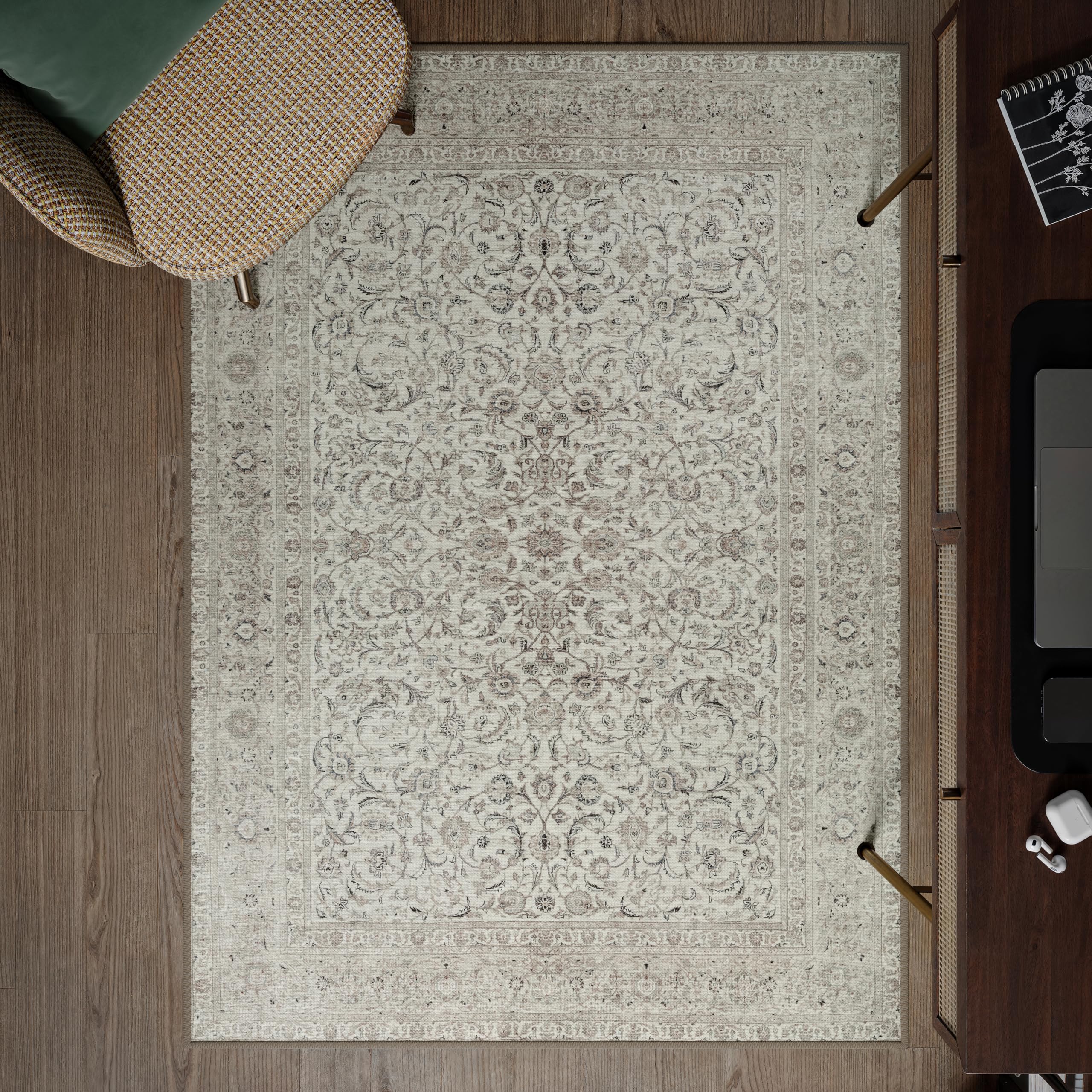 artyrugs Machine Washable Rug, 122x170cm, 75% Recycled Cotton, Short Pile, Non-Slip Backing, Non-Shedding, Suitable for Living Room, Bedroom, Kitchen, Hallway, Office, Ashen Cream
