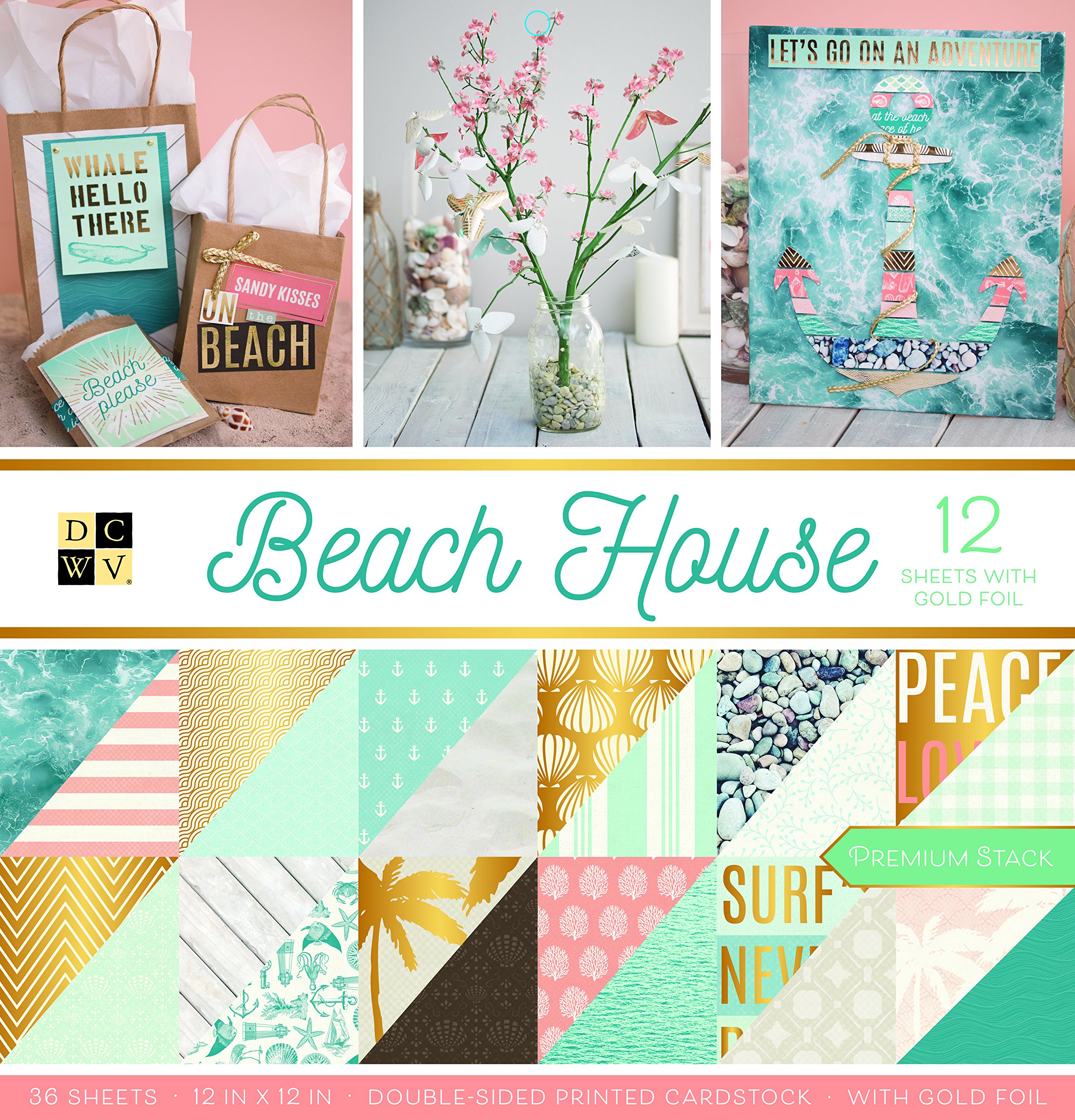 American Crafts DCWV Card Stock 12X12 Premium Printed Cardstock Stack, Beach House, 18 Designs/2 Each, 36 Sheets, 12" x 12"