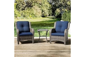 Joyside Patio Bistro Set Wicker Chairs - 3 Piece Outdoor Rattan Conversation Set with 2 Armrest Chair and 1 Side Table for Proch Deck Garden Backyard Balcony(Mixed Grey/Blue)