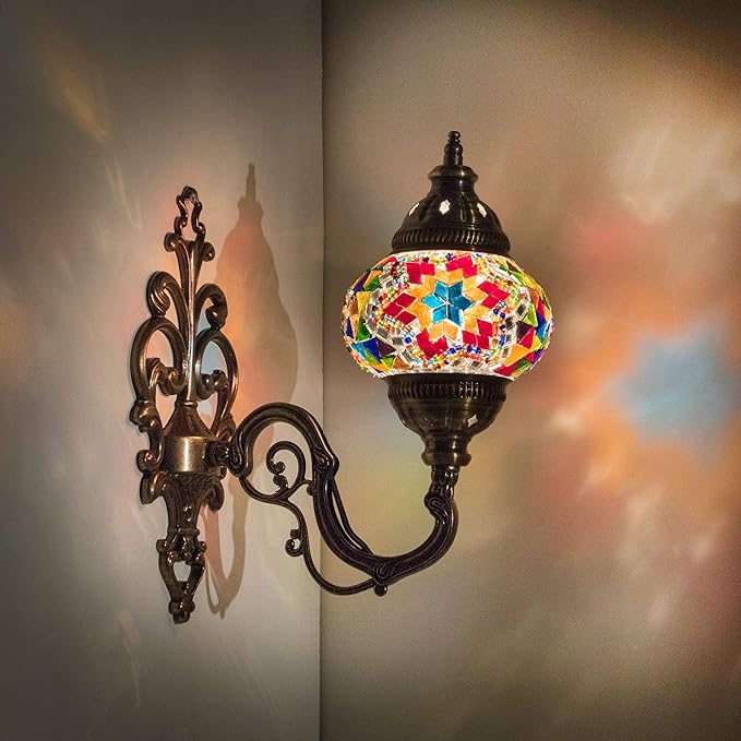 Wall Lamp Mosaic Shade, Turkish Moroccan Glass Lantern