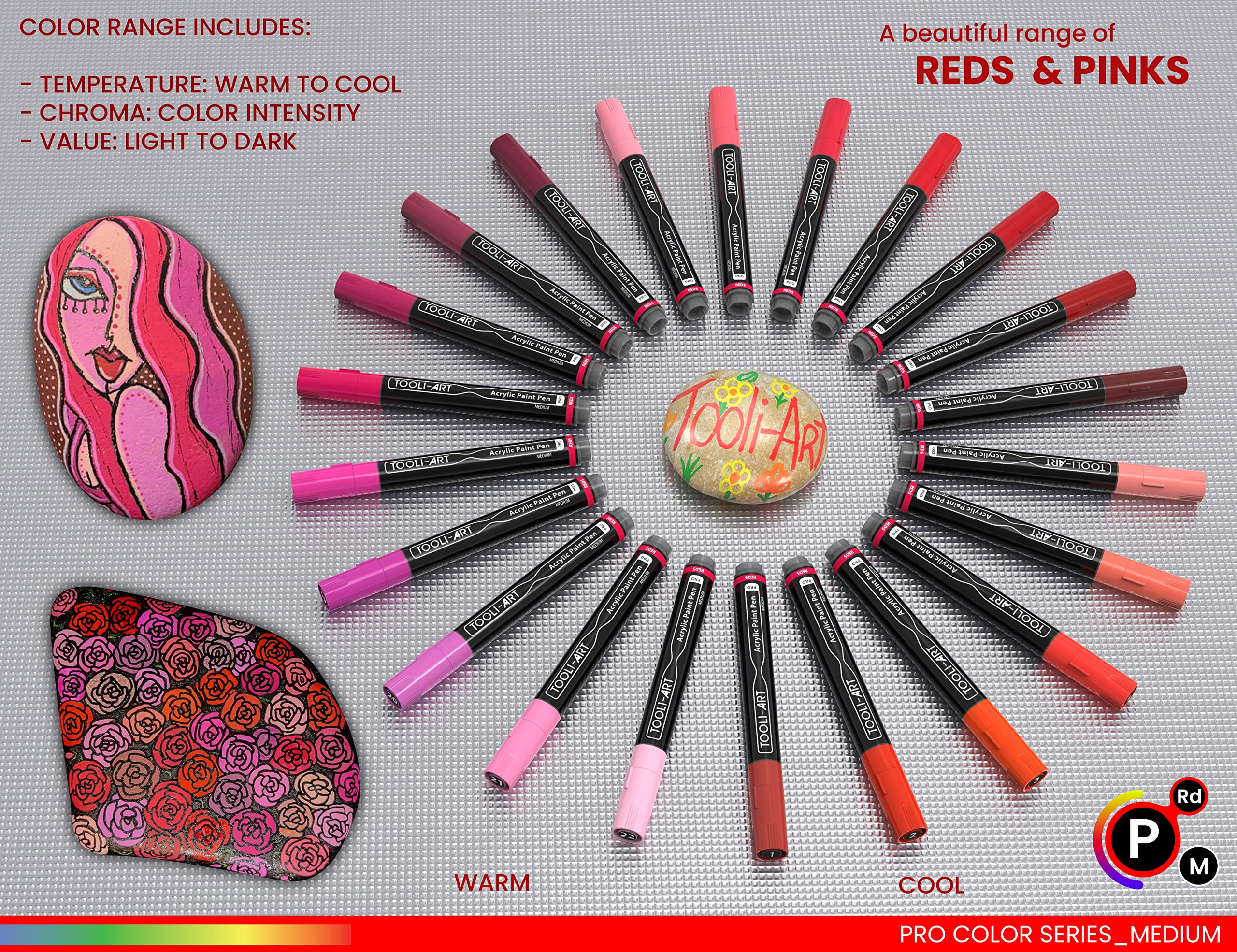 TOOLI-ART 22 Acrylic Paint Markers Paint Pens Pro Color Series Set 3mm Medium Tip for Rock Painting, Glass, Mugs, Wood, Metal, Glass Paint, Canvas, DIY. Non Toxic, Waterbased, Quick Drying (REDS)