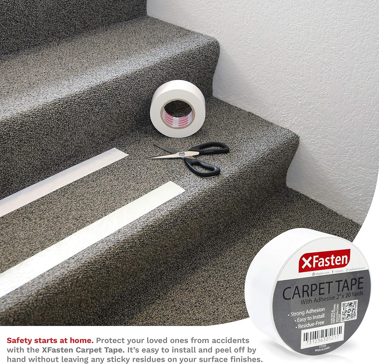XFasten Double Sided Tape Carpet Tape, Removable, 2 Inches x 20 Yards (Single Roll) - - 