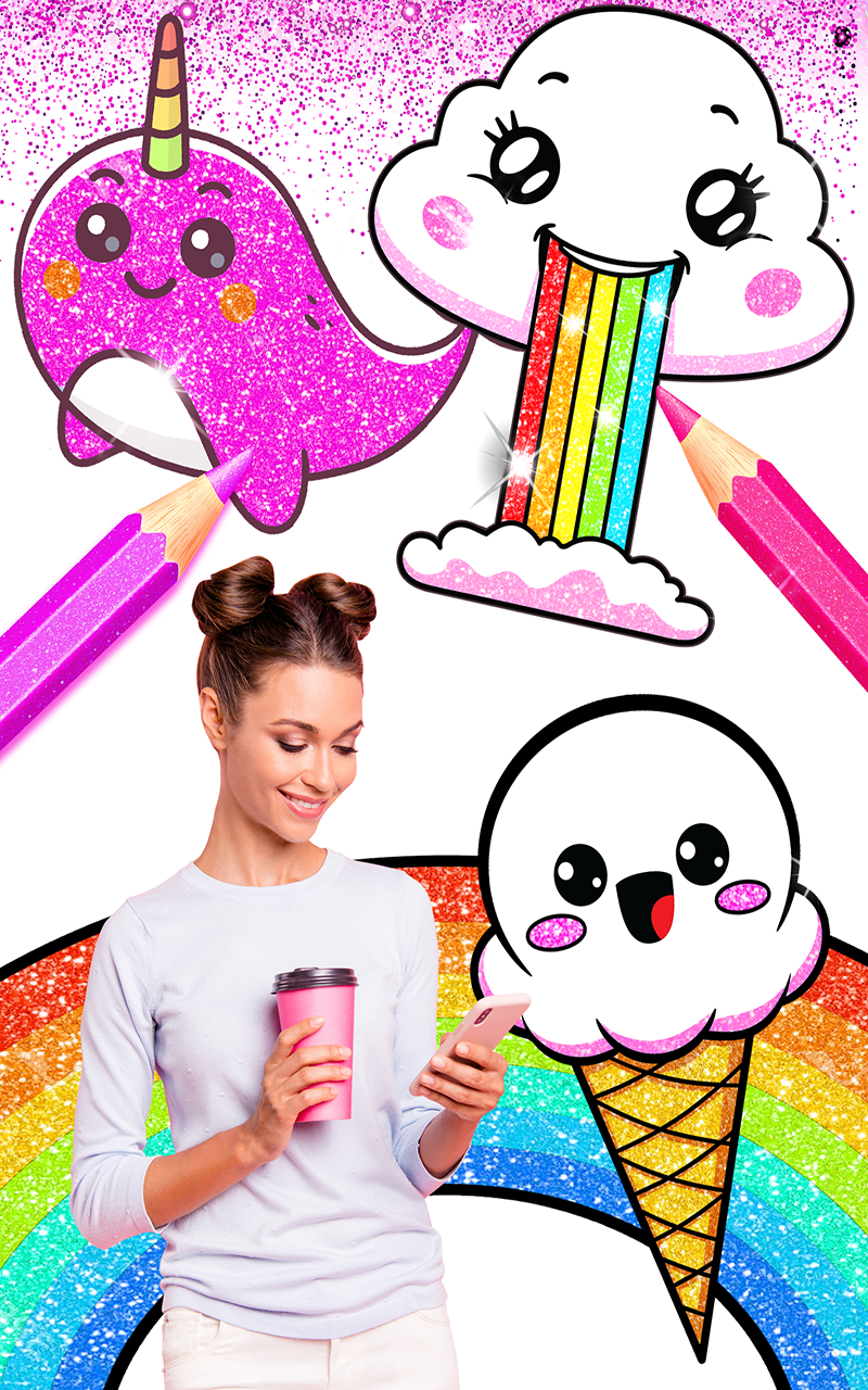 Rainbow Glitter Coloring Book Kawaii - Kids Fun Coloring Pages and Artwork - Thumbnail 2