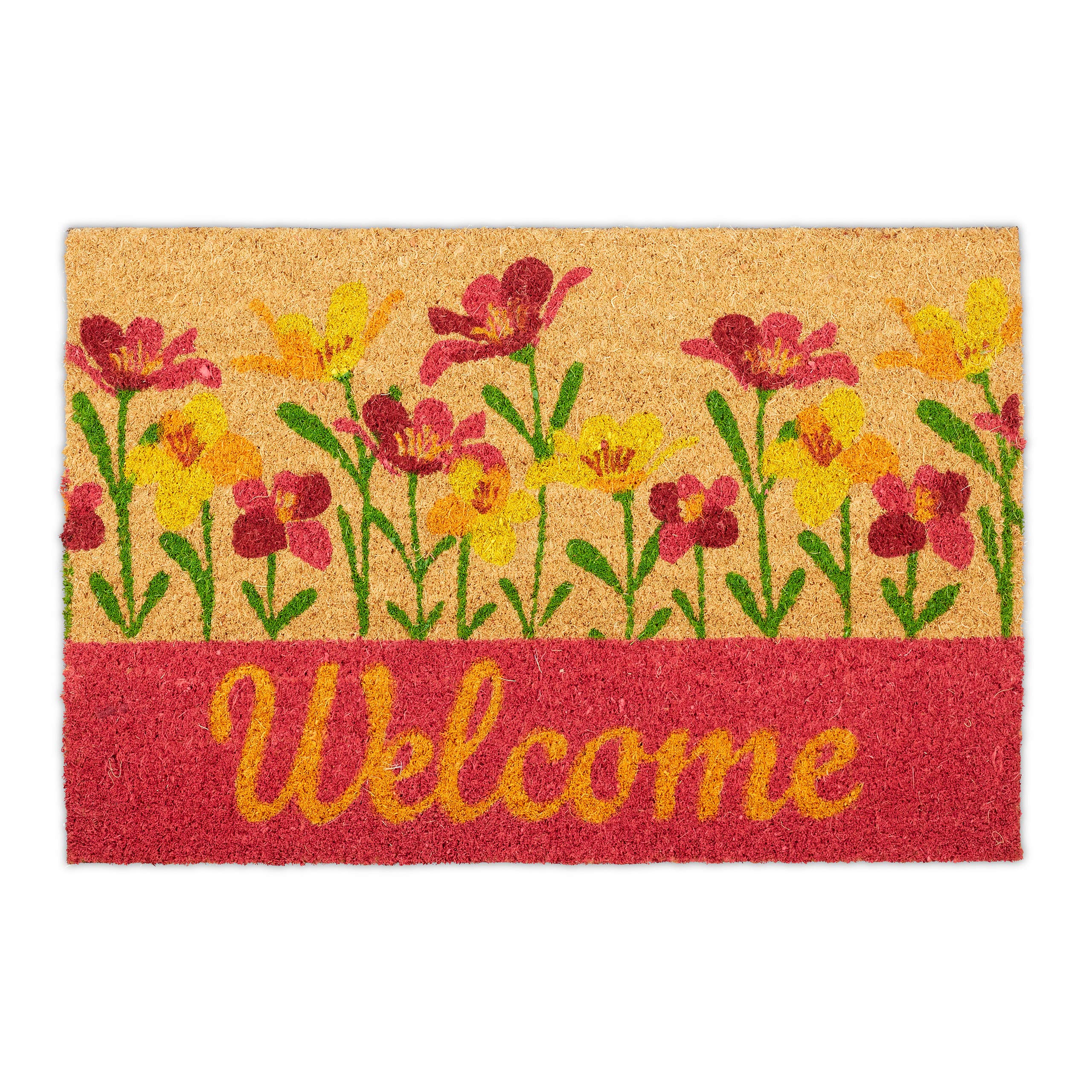 Relaxdays Welcome Flowers Doormat Coir, 40x60 cm, Door Mat Inside & Outside, Non-Slip, Rectangular, Coir/Red