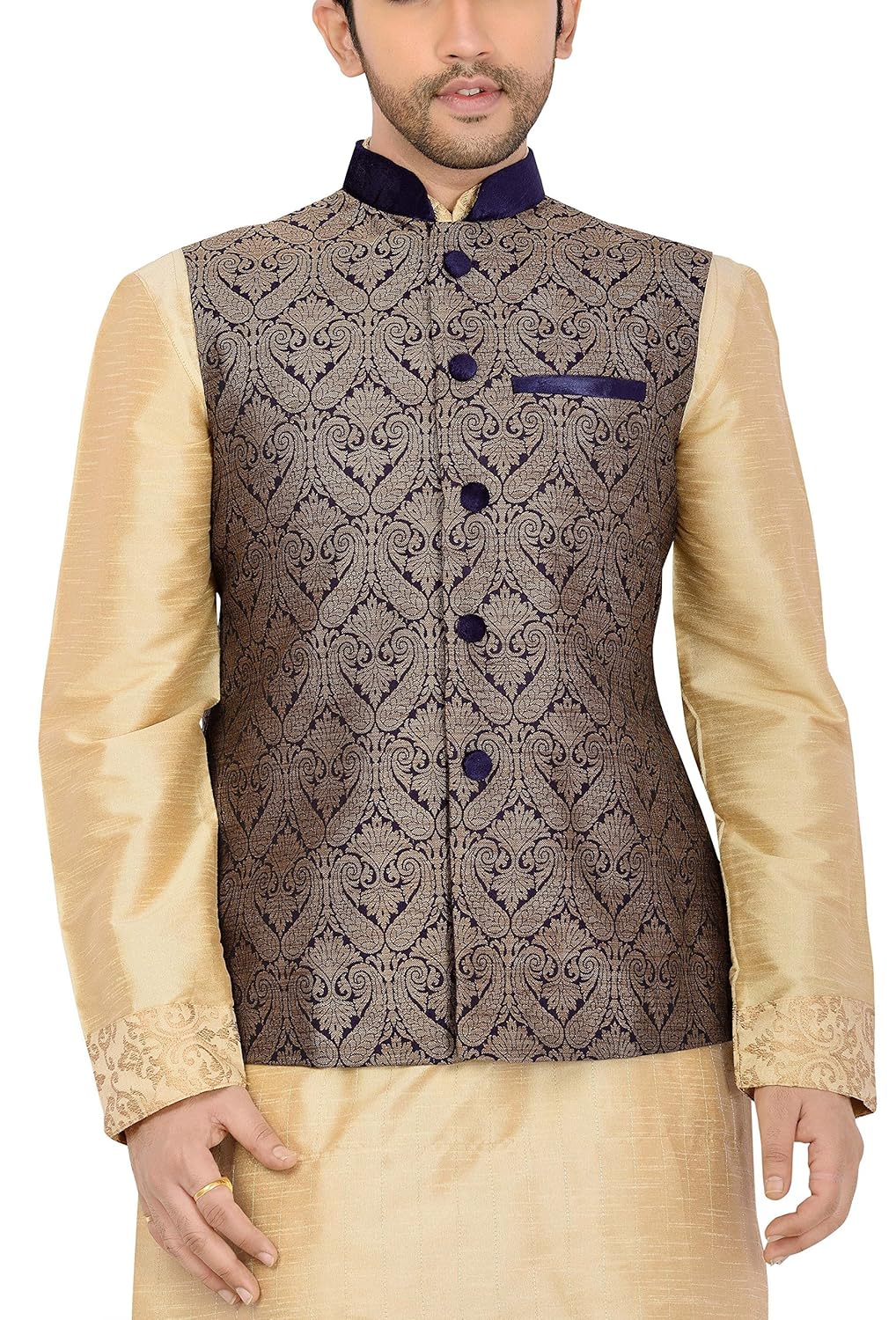 manyavar men's banded collar blended jacket