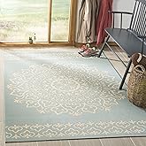 SAFAVIEH Washable Rug Outdoor Linden Collection - 5'3" x 7'6", Cream & Aqua, Non-Shedding & Easy to Clean, Ideal for Patio, B