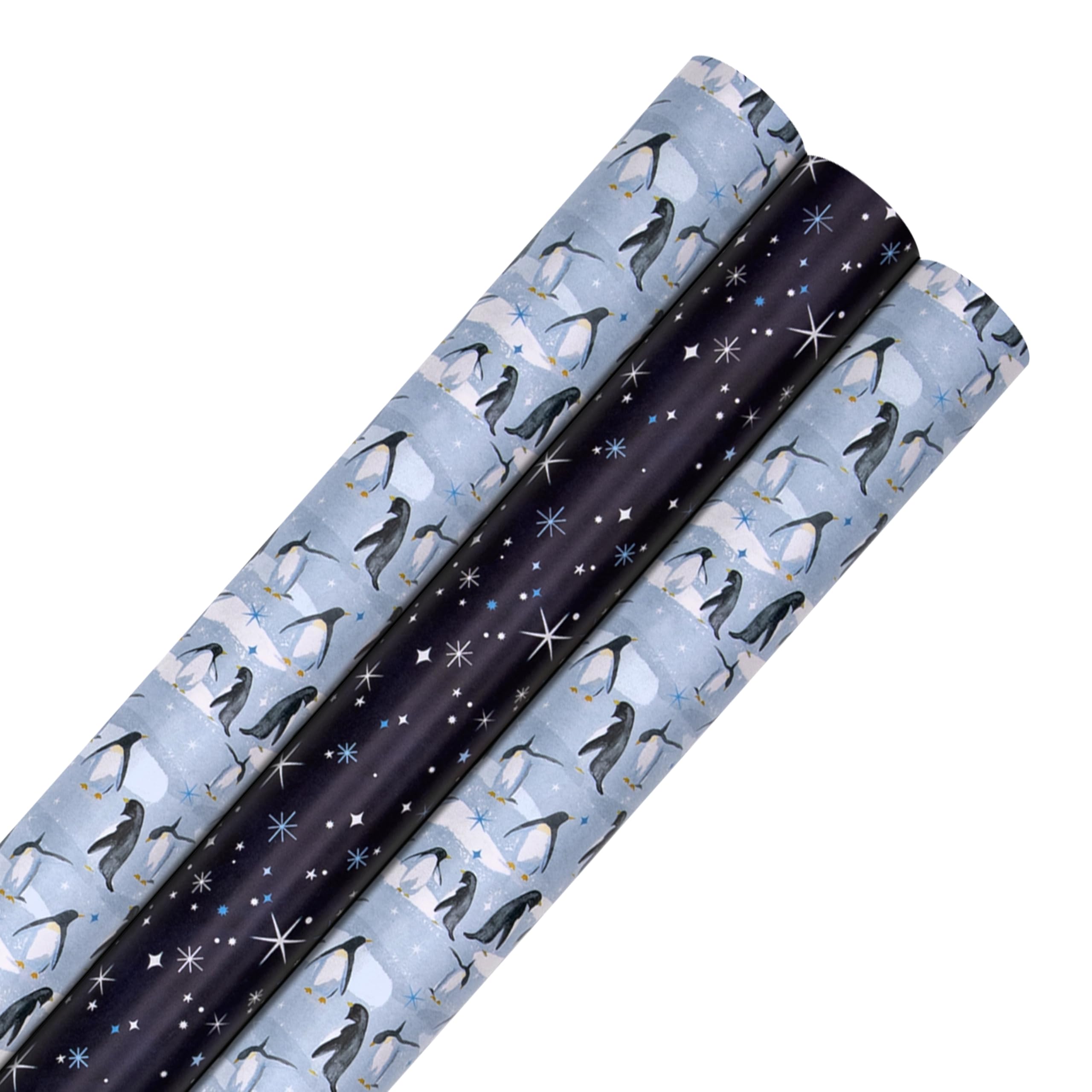 Hallmark Wrapping Paper, Roll Wrap, Pack of 3, Arctic Wonder, Penguins, Starry Night Sky, Stars, Christmas, 3M Each