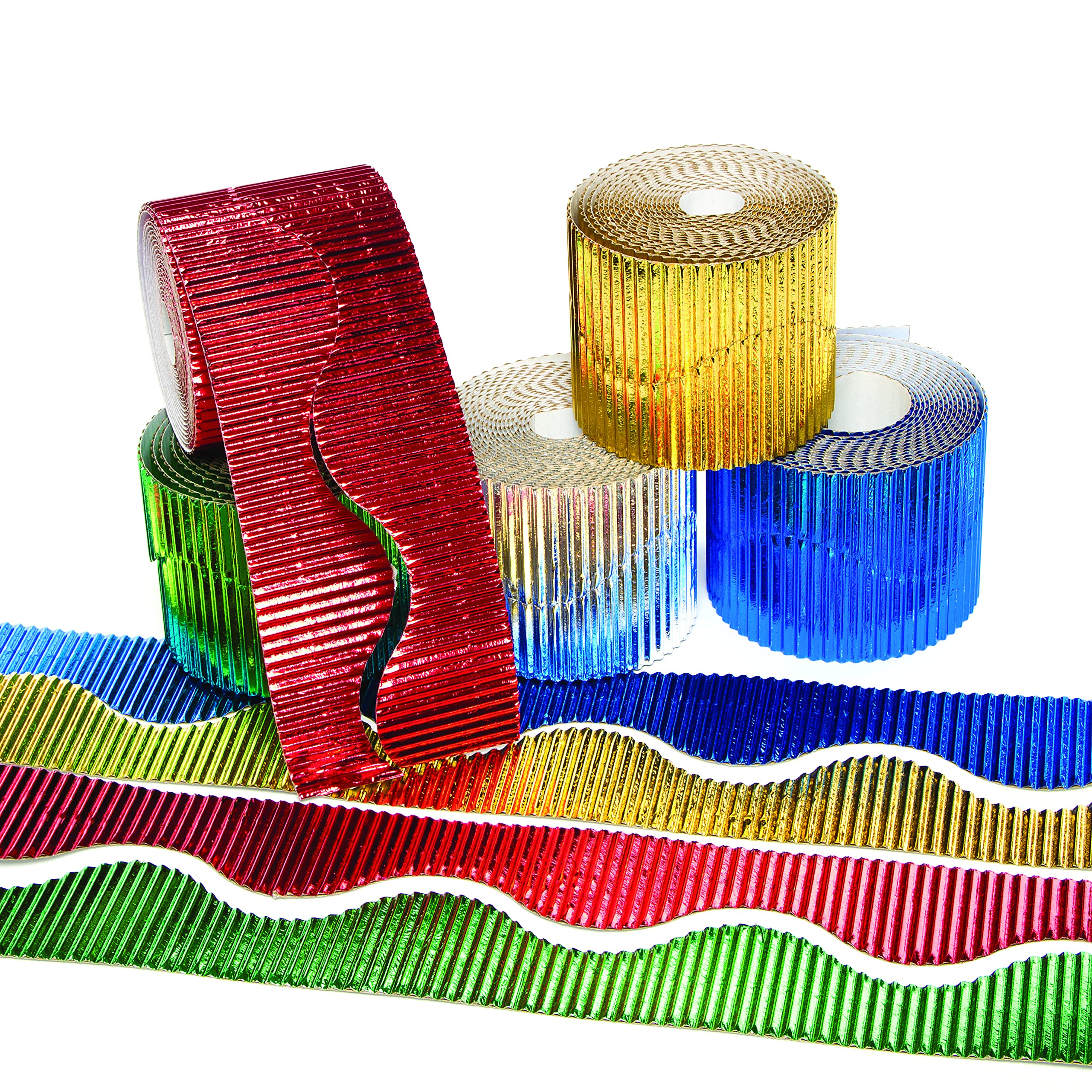 Baker Ross AG109 Metallic Display Borders - Pack of 5, Corrugated Colour Border for School Classroom Decorations and Bulletin Boards, Scalloped Trim