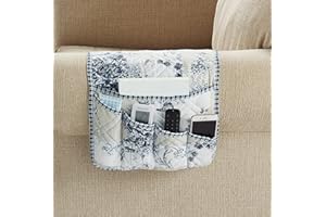 Brilliant Sunshine Blue Toile Couch Sofa Armrest 5 Pockets Organizer, Slip Resistant Recliner Armchair Caddy, Washable Remote Controls Holder, Storage for Magazine, Tablet, Phone, iPad, 35×13", Blue
