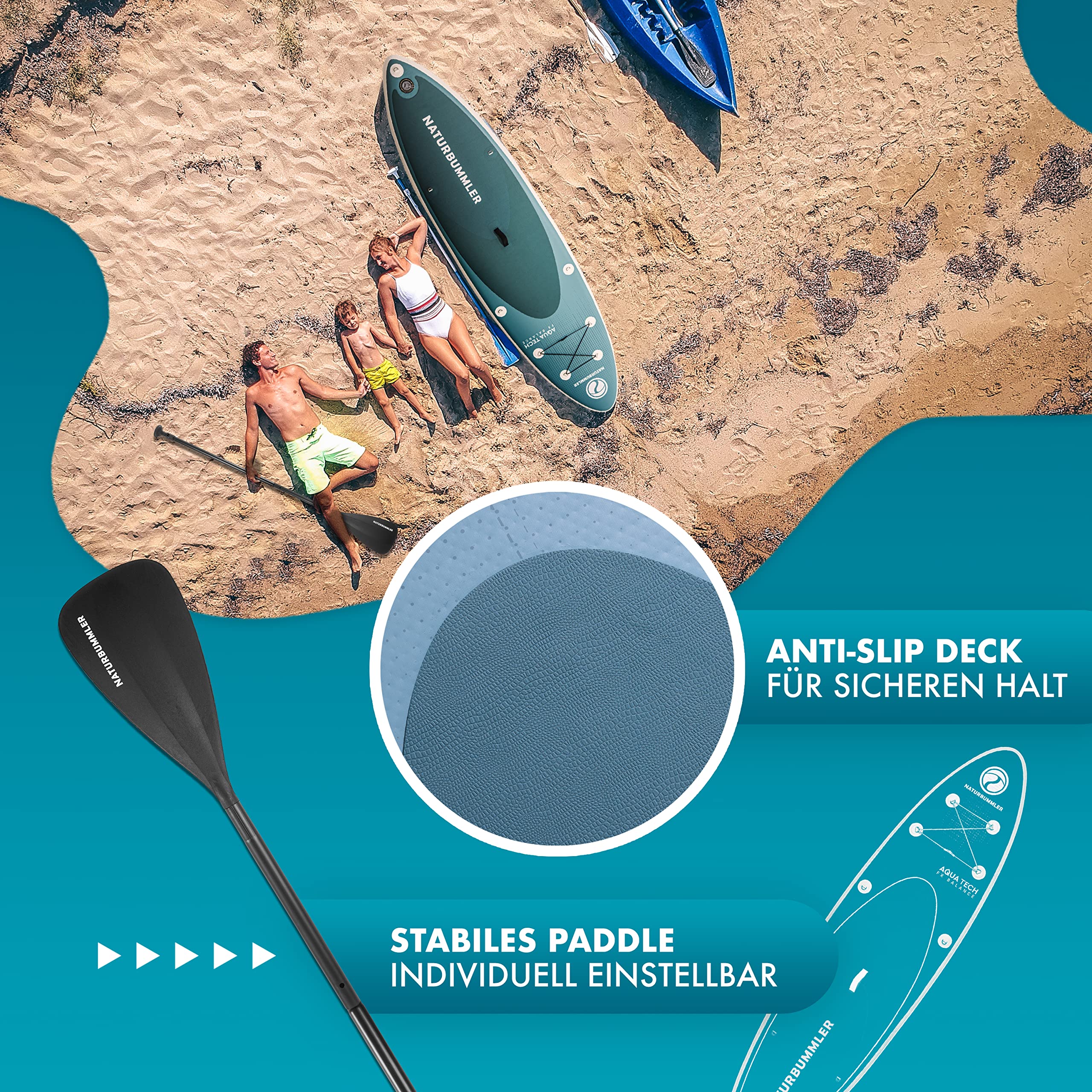 NATURBUMMLER SUP Board Komplettset [330×81×15 cm] – Stand Up Paddle Board für Anfänger & Fortgeschrittene (150 kg) – inkl. Paddel, Luftpumpe & Rucksack – Paddleboard Outdoor 5