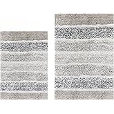 Ramanta Home Quilted Stripe 100% Cotton Bath Rug Set of 2 - Light Grey, Anti Skid Super Soft Absorbent Bath Mats for Bathroom, Shower, Kitchen, Entryway, Machine Washable - 21x32 & 17x24 Inch