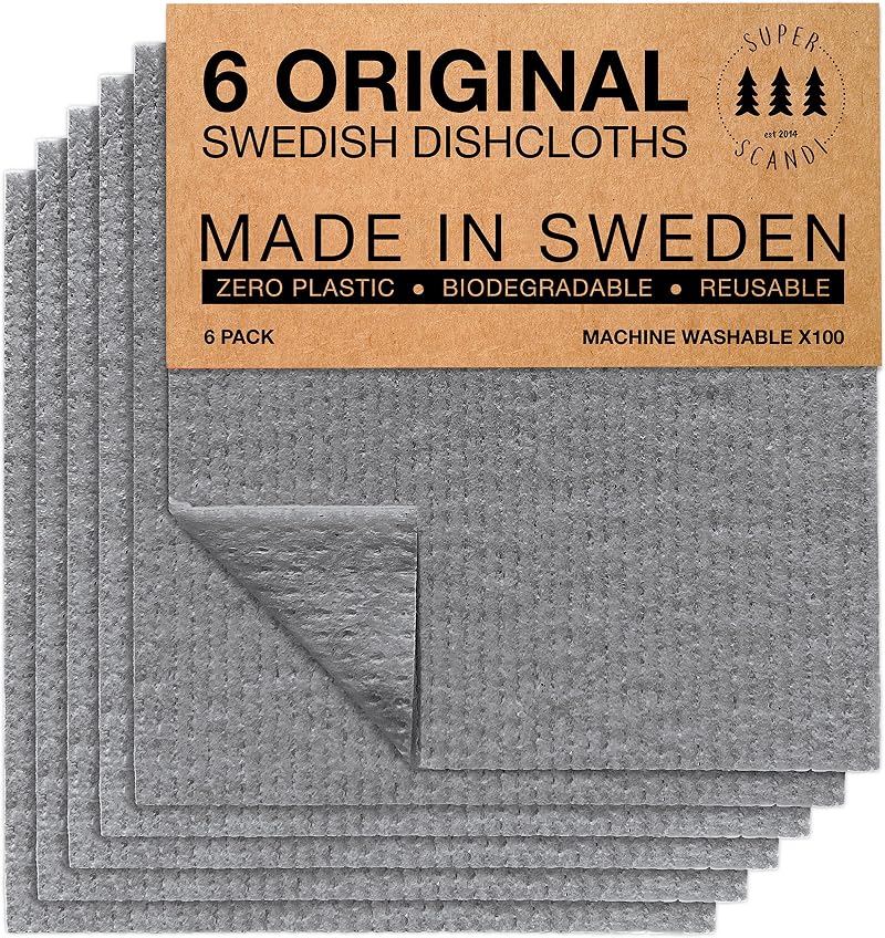 SUPERSCANDI 6 Pack Reusable Swedish Dishcloths 100% Biodegradable Grey
