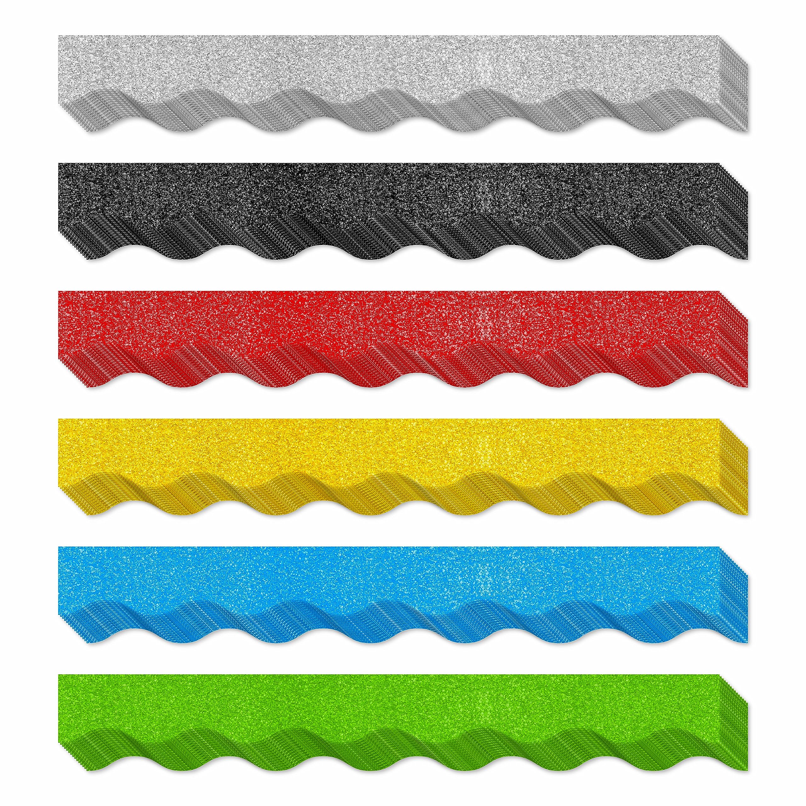 Photo 1 of 60 Feet Bulletin Board Borders, 45 Sheets Glitter Scalloped Border Trim Holiday Decoration for School, Classroom Office Party Wall Decor (6 Colors, Golden/Silvery/Red/Blue/Black/Green)