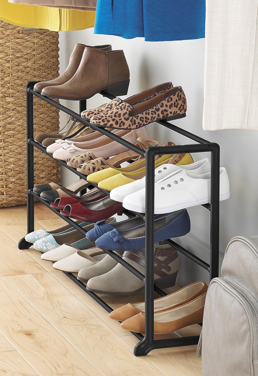storage bench with shoe rack on Whitmor 4 Tier 20 Pair Shoe Rack Space Saving Portable Home Shoe Organizer Tower Unit Black Finish Vertical Storage Bench Easy To Assemble 9 X 35 X 18 Inch 6780 3139 Blk Bb No Tools Required
