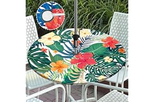 Btrlexp Palm Leaves Round Outdoor Tablecloth with Umbrella Hole Zipper Elastic Outdoor Table Cover Waterproof Fitted Tableclo