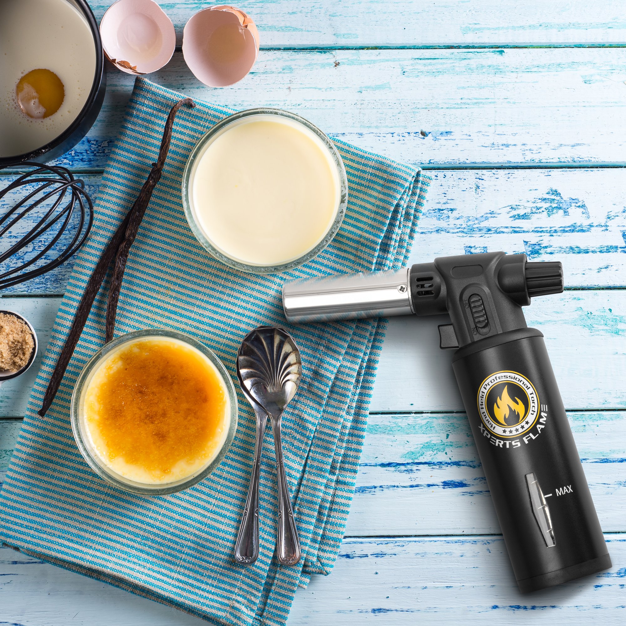 Kitchen {Culinary} Torch | Cooking Torch For Creme Brulee | Butane Blow Torch For Home & Pro Chefs | Safety Lock & Adjustable Flame | Free Bonus: Stand & 2 Recipe E-Books | By XPERTS FLAME. (BLACK)