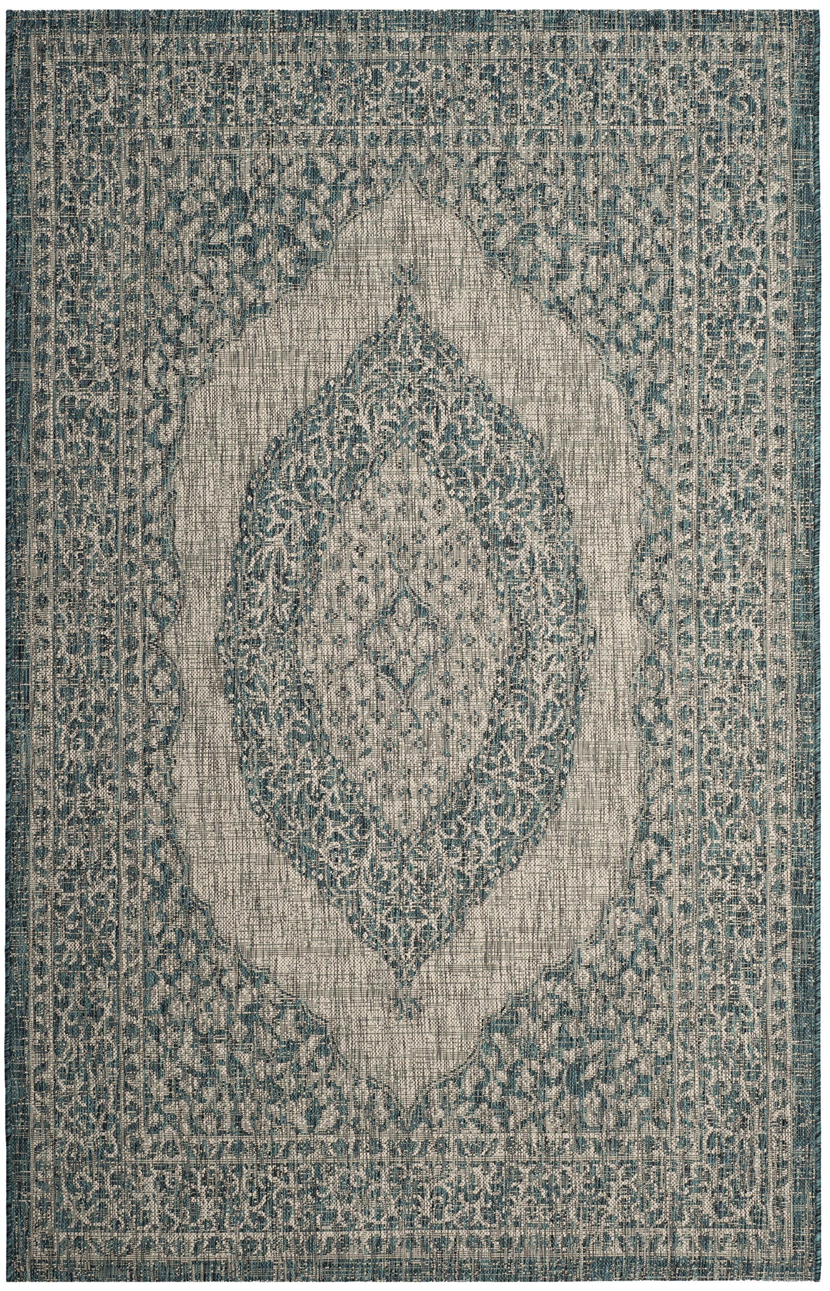 Safavieh Contemporary Indoor/Outdoor Woven Rectangle Area Rug, Courtyard Collection, CY8751, in Light Grey / Teal, 79 X 152 cm for Garden, Patio or Any Outdoor Space