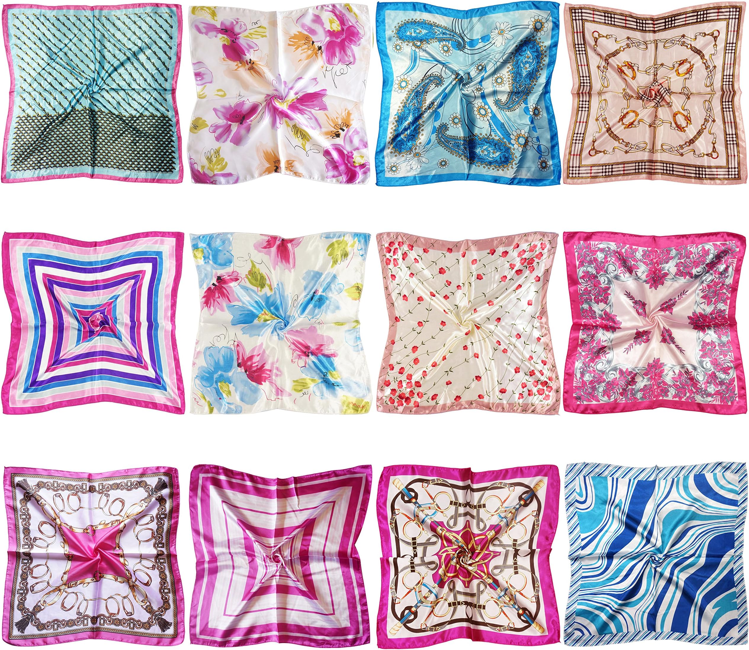 12 Set Mixed Designs Small Square Satin Womens Neck Head Scarf Scarves Bundle