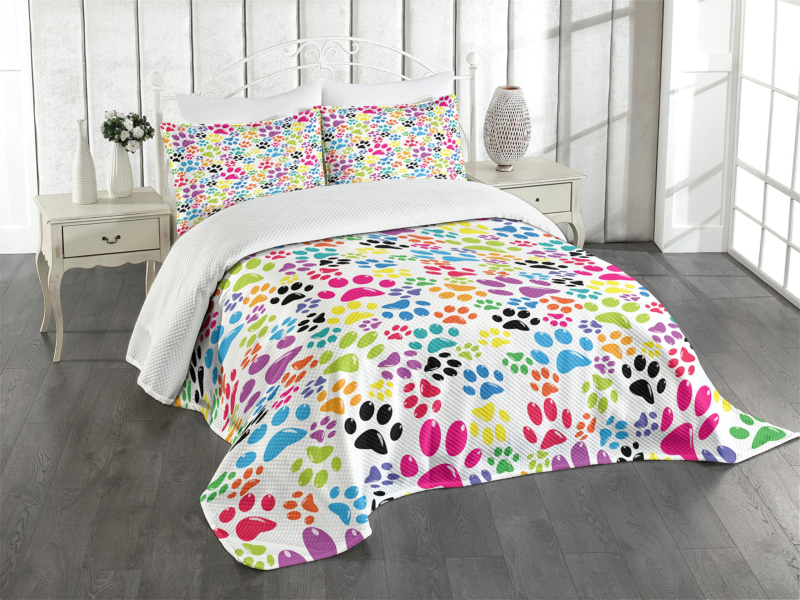 ABAKUHAUS Dog Bedspread Set, Colorful Little Paws Steps Childish Artwork Cartoon Unusual Traces Design, Decorative 2 Piece Coverlet Set with 1 Pillow Sham, 170 cm x 220 cm, Purple Green Blue