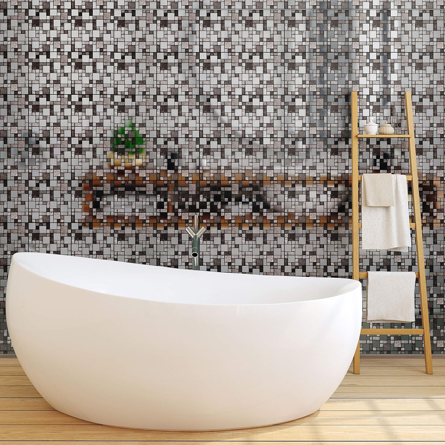 WALPLUS 15cm (6") Metallic Silver Grey Stone Mosaic Wall Stickers - Pack of 24, 24 Units - Image 4