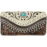 Rustic Western Floral Tooled Laser Cut Turquoise Concho Studded Trifold Crossbody Clutch Wallet
