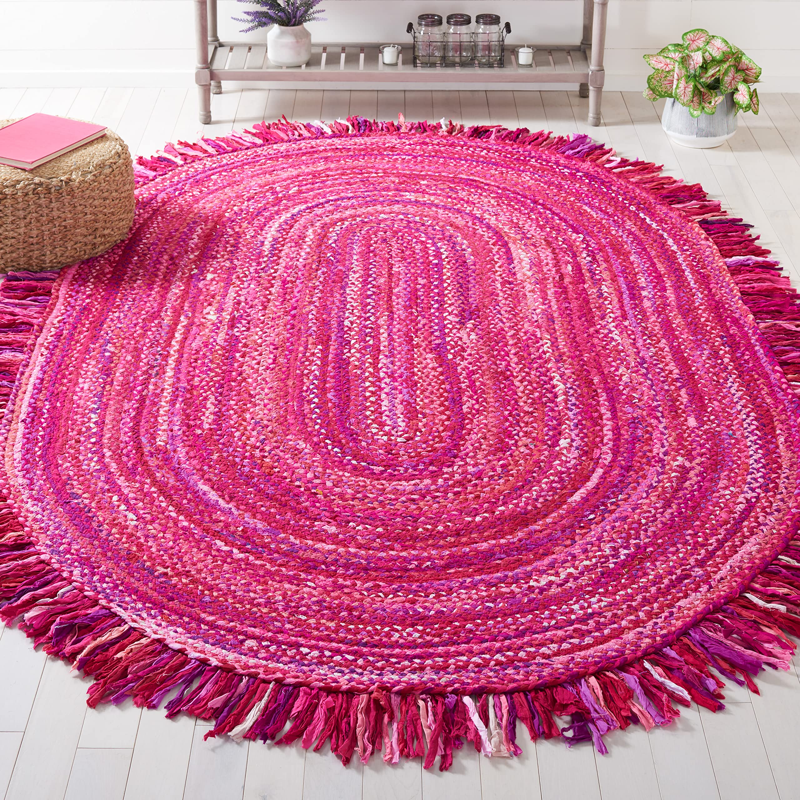 SAFAVIEH Braided Collection Area Rug – 5′ x 8′ Oval, Pink & Fuchsia, Handmade Boho Fringe Reversible Cotton, Ideal for High Traffic Areas in Living Room, Bedroom (BRD451U)