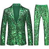 MOGU Suits for Men, 2-Piece Shiny Sequin Tuxedo with Floral Pattern for Party, Banquet, Proms, 70S Disco