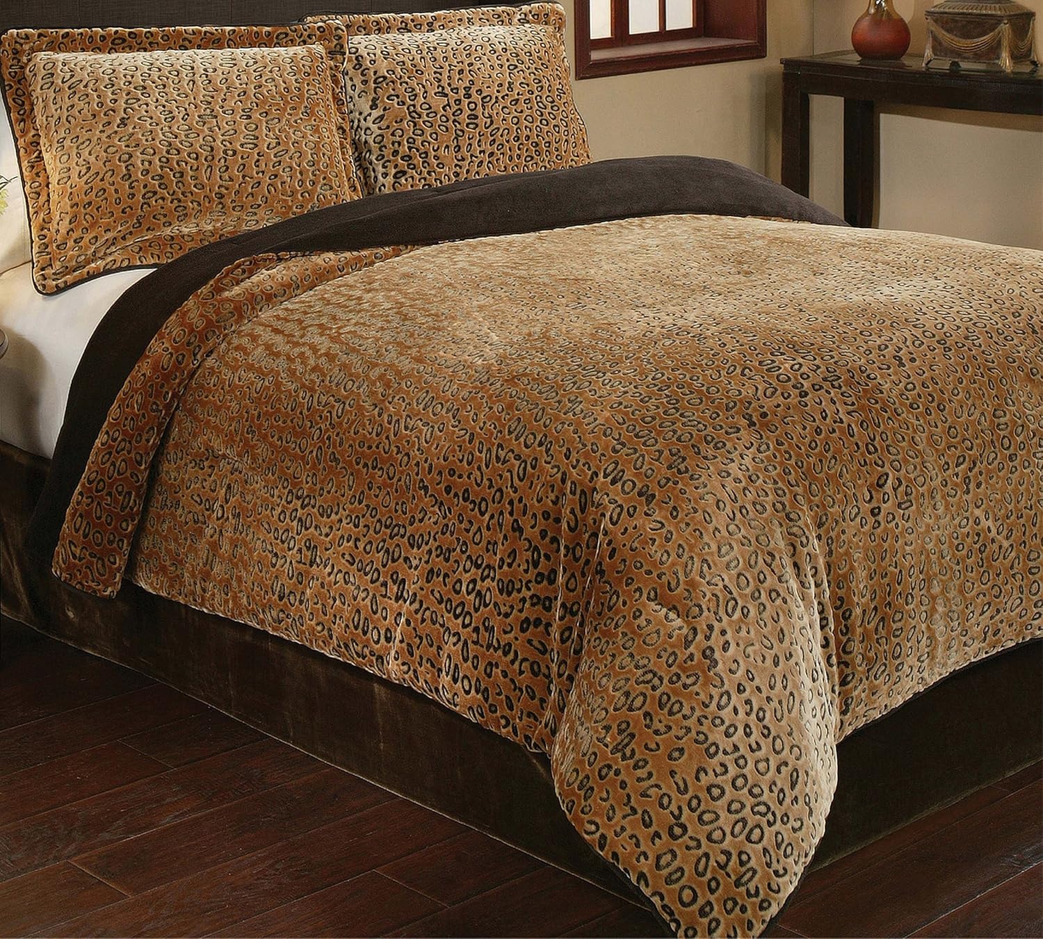 3 Piece Girls Tan Brown Cheetah Print Comforter King Set Black