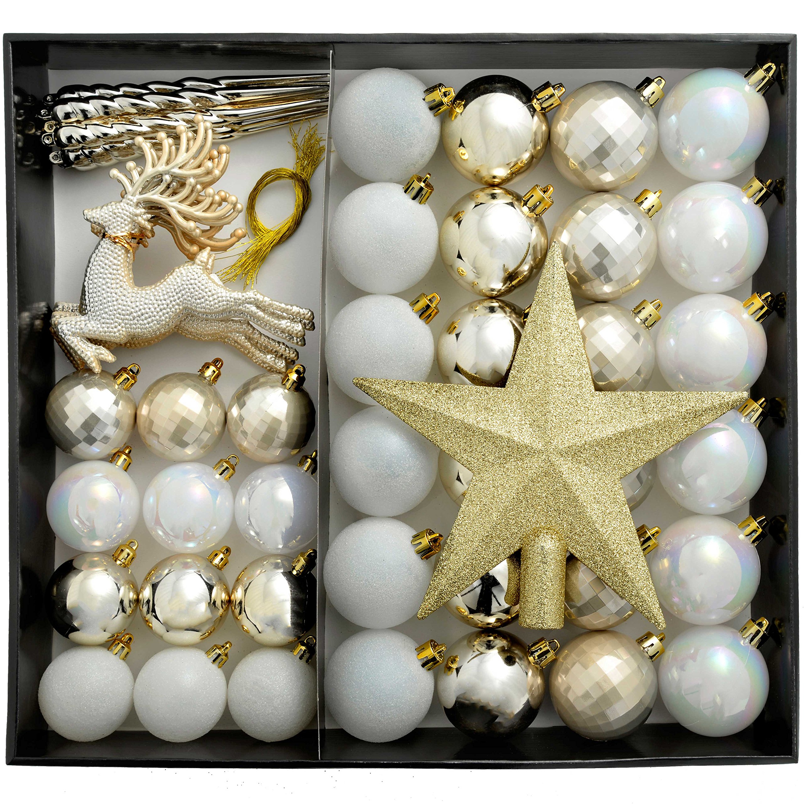 WeRChristmas Shatterproof Luxury Christmas Tree Baubles, 50-Piece - Gold/Silver/White