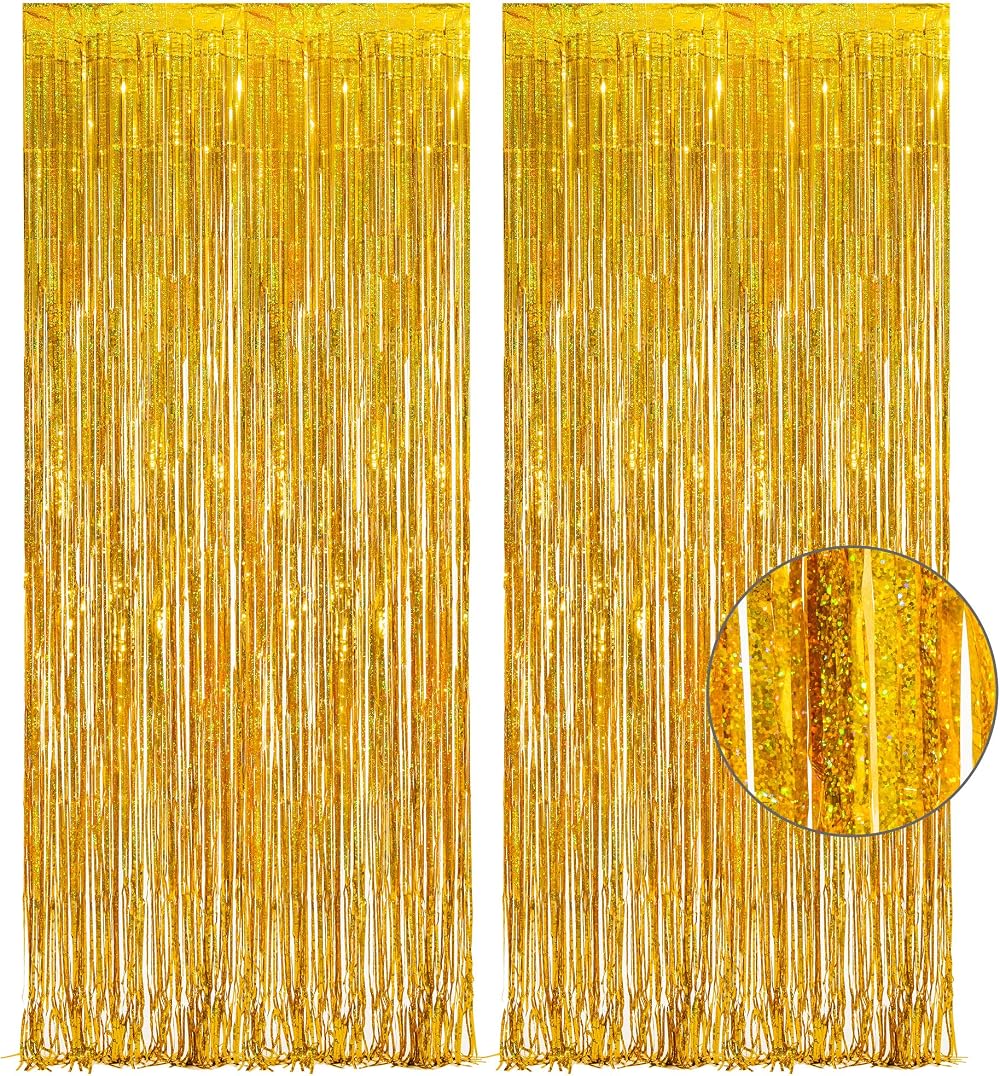 GREATRIL Gold Fringe Curtain Backdrop Pack of 2 1m x 2.5m Foil Tinsel Party