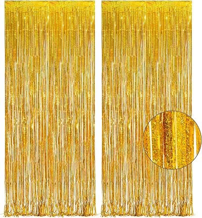 GREATRIL Gold Fringe Curtain Backdrop Pack of 2 1m x 2.5m Foil Tinsel Party