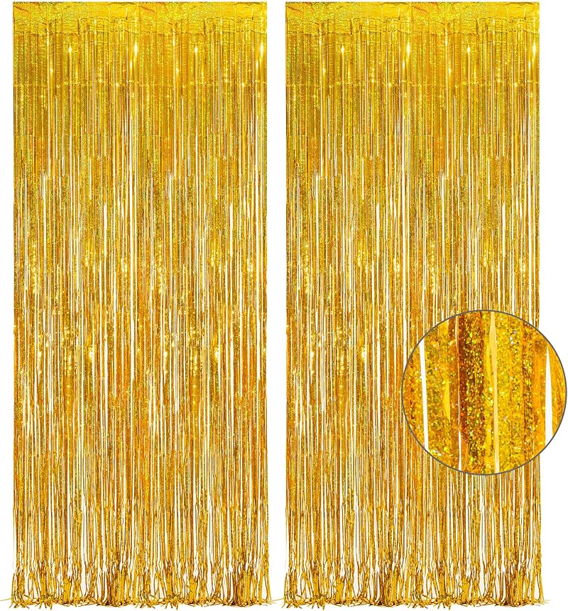 GREATRIL Gold Fringe Curtain Backdrop Pack of 2 1m x 2.5m Foil Tinsel Party
