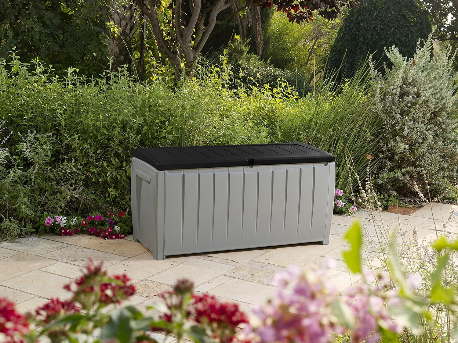 Keter Novel 90 Gallon Resin Deck Box-Organization and Storage for Patio Furniture Outdoor Cushions, Throw Pillows, Garden Tools and Pool Toys, Grey/Black : Garden & Outdoor