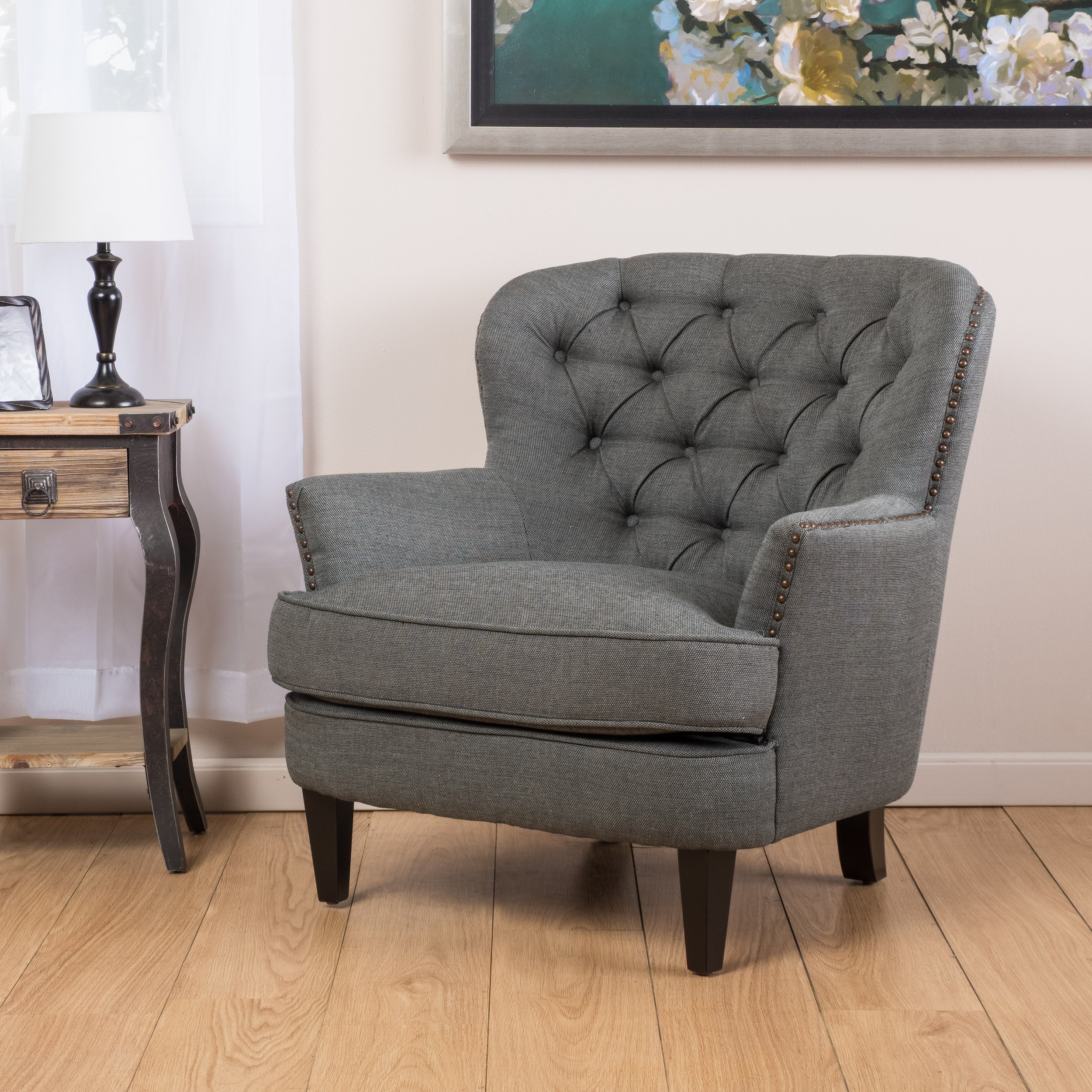Great Deal Furniture Alfred Tufted Fabric Club Chair, Contemporary Lounge Accent Chair, Dark Grey