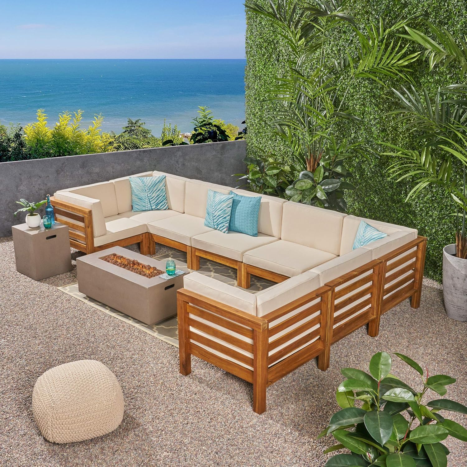 Annabelle Outdoor U Shaped 8 Seater Acacia Wood Sectional Sofa Set With Fire Pit Gray And Dark Gray Kitchen Dining Cjp Org In