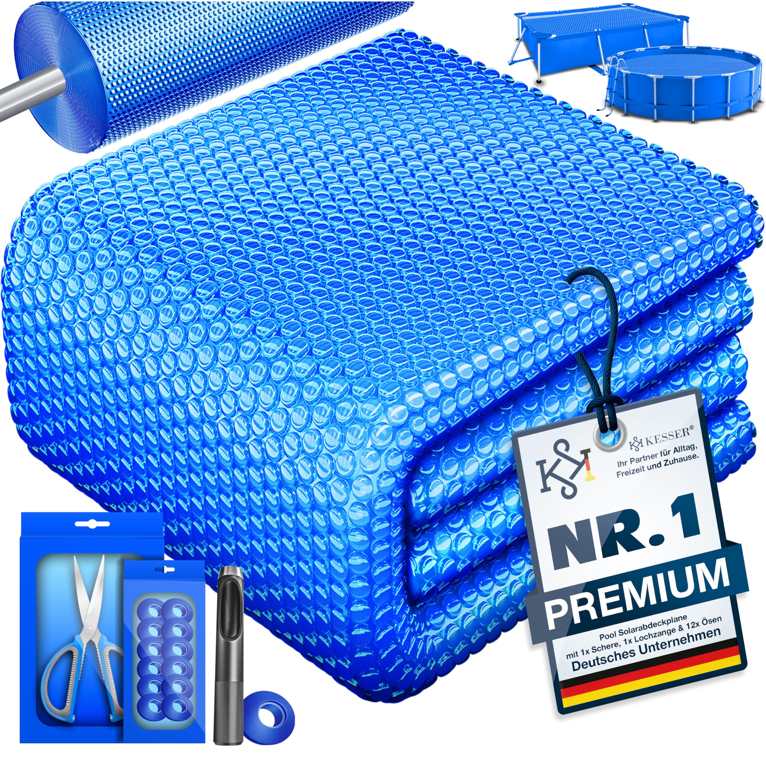 KESSER® Pool Solarabdeckplane Rund Ø 366 cm, Solarfolie 120 µm, Solarabdeckung Solarplane zuschneidbar, Poolheizung Wassererwärmung Wärmeplane, Poolsolarplane mit 1x Schere, 1x Lochzange & 12x Ösen