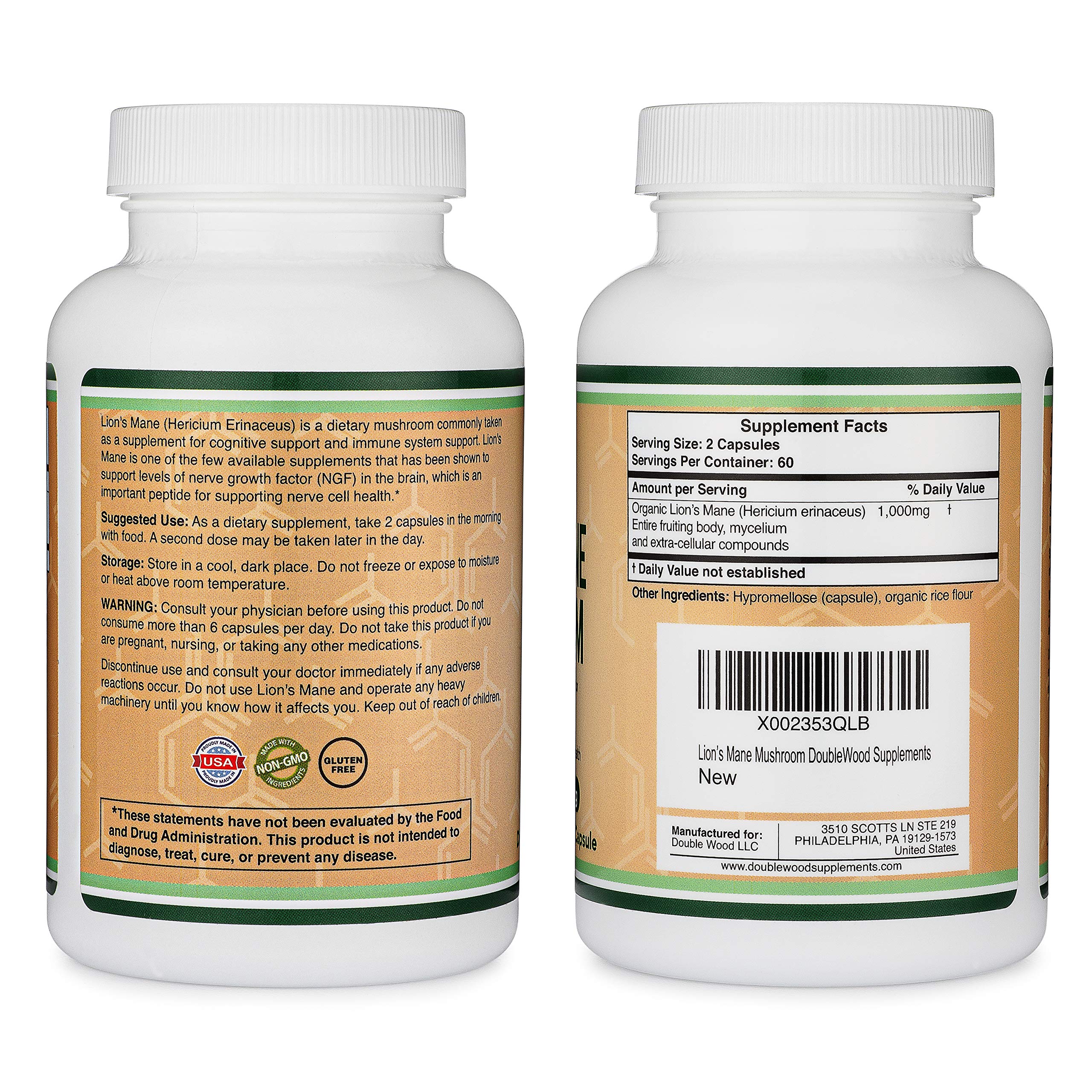 Lions Mane Mushroom Capsules (Two Month Supply 120 Count) Organic and